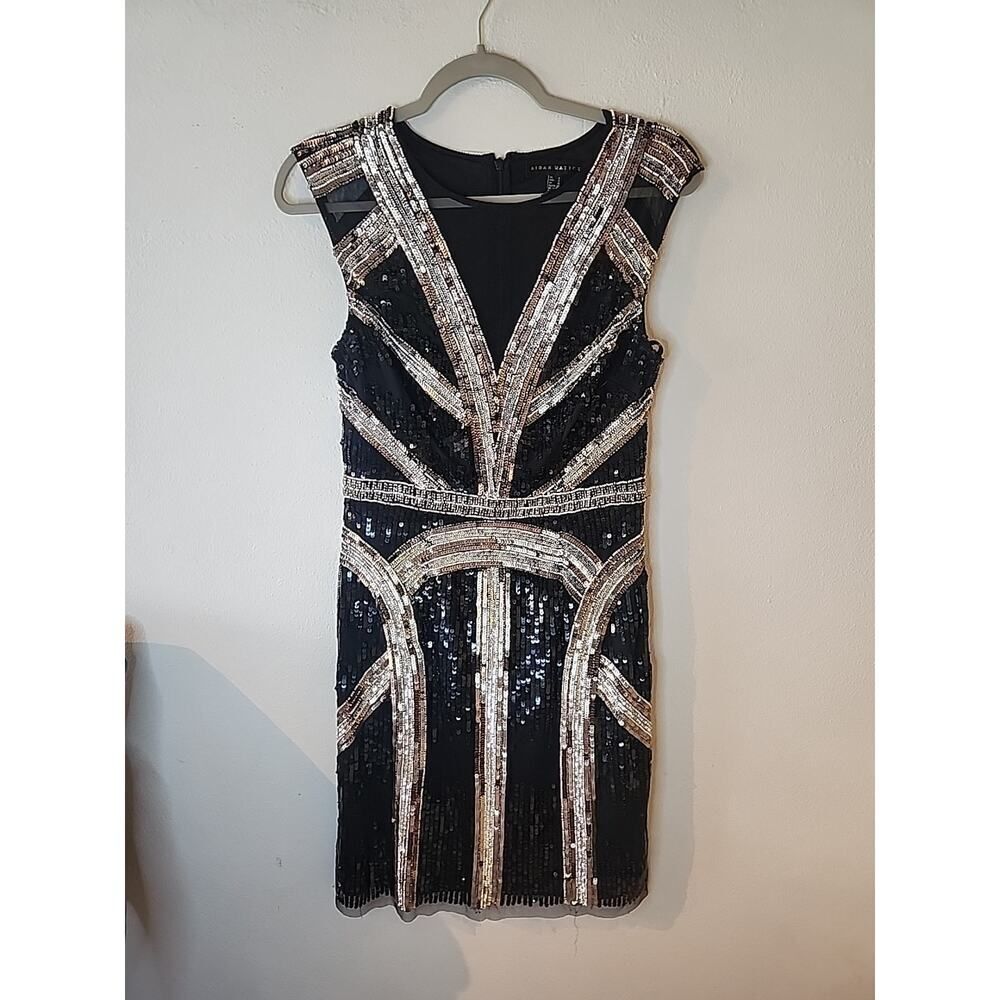 Aidan Mattox Women's Cocktail Dress Size 6 Black Silver Sequined Mini Sheath